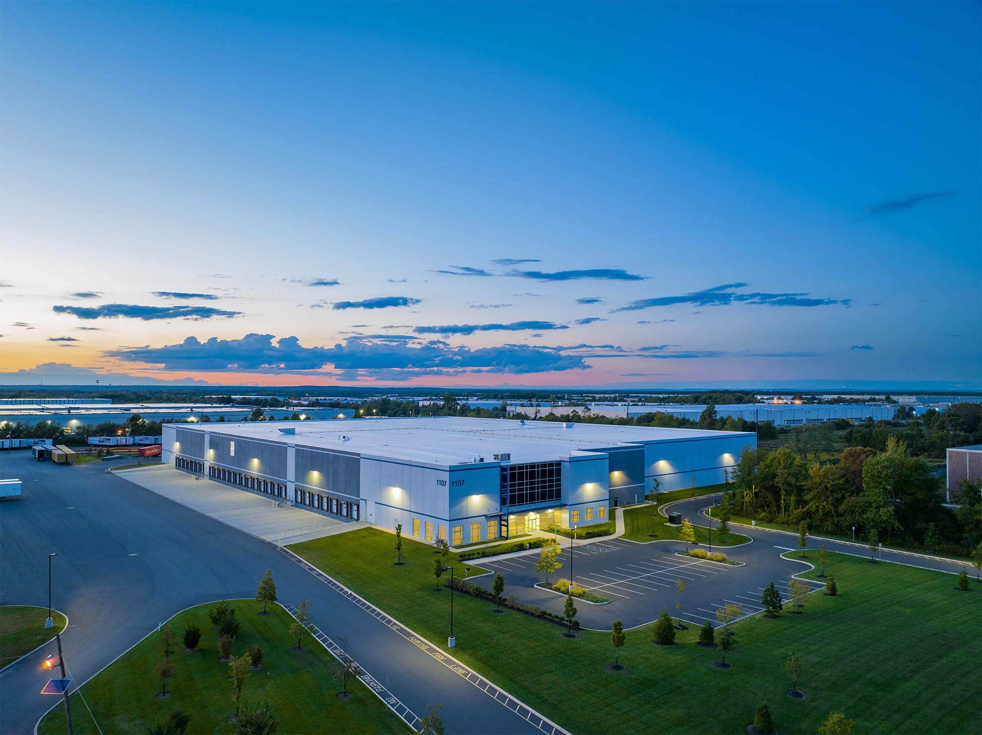 Drone photograph of Logistics Building in Dayton, NJ at Dusk