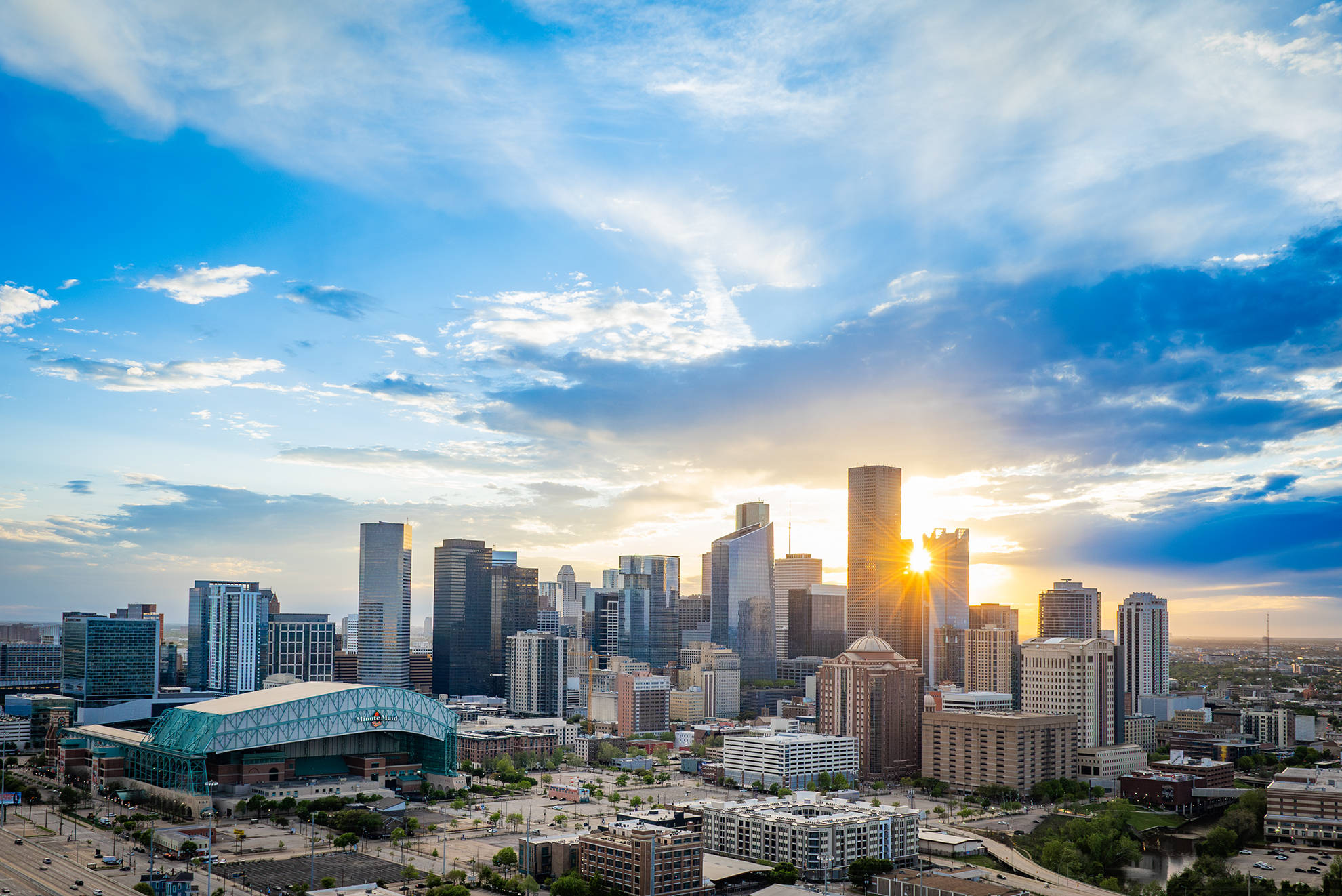 Drone Photograph of the Houston Texas skyline at sunset