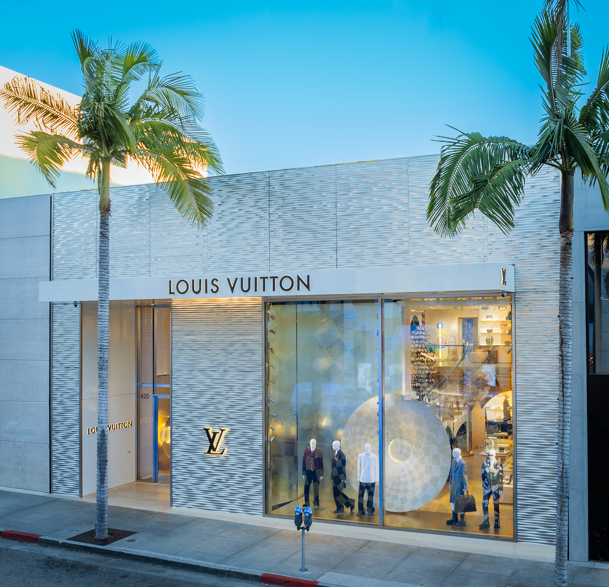Drone photograph of Louis Vuitton Men's Store Rodeo Drive Beverly Hills CA at Dawn