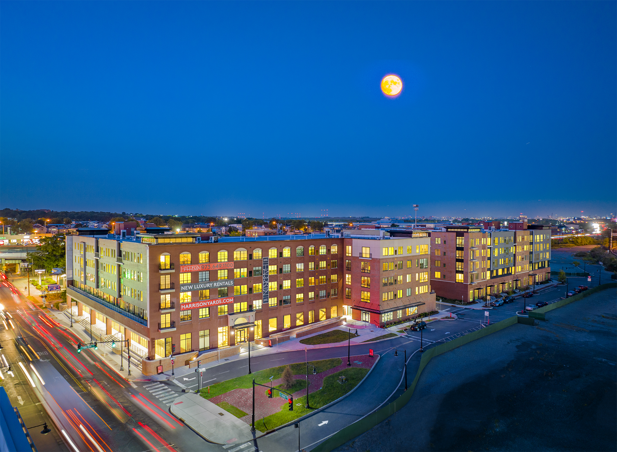 Drone photograph of Apartment building Harrison, NJ at Dusk