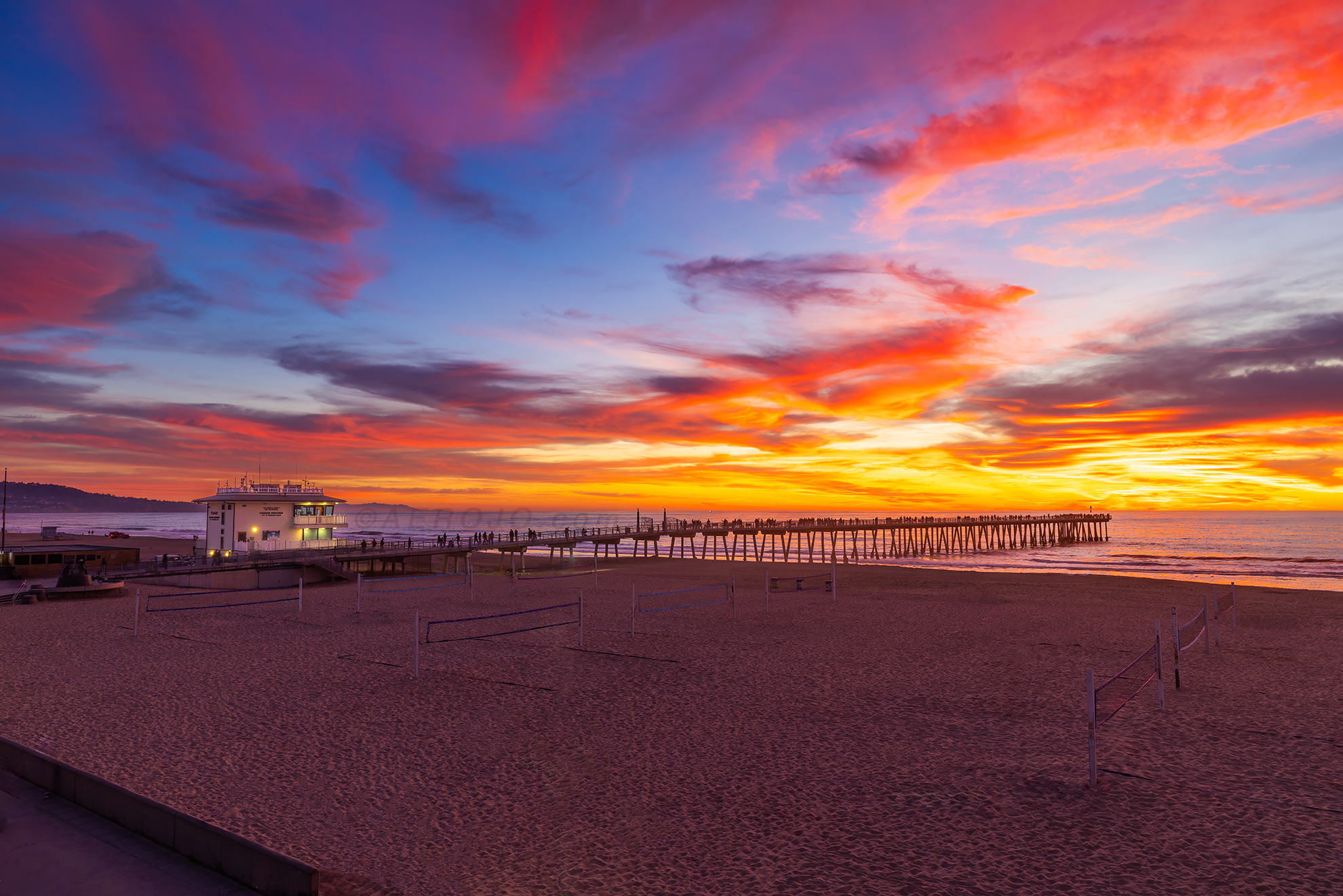 Drone Photograph of Hermosa beach pier at dusk with colorful sky