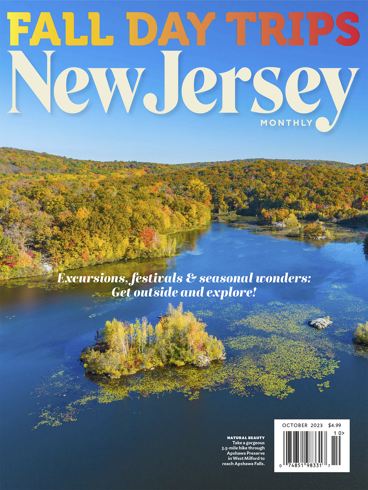 Drone photograph of a NewJersey Lake in the Fall on the cover of New Jersey Monthly Magazine 2023