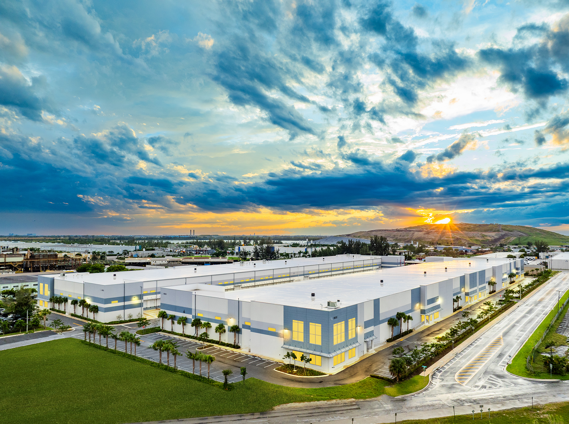 Drone photograph of LINK Logistics Building in Miami at sunset