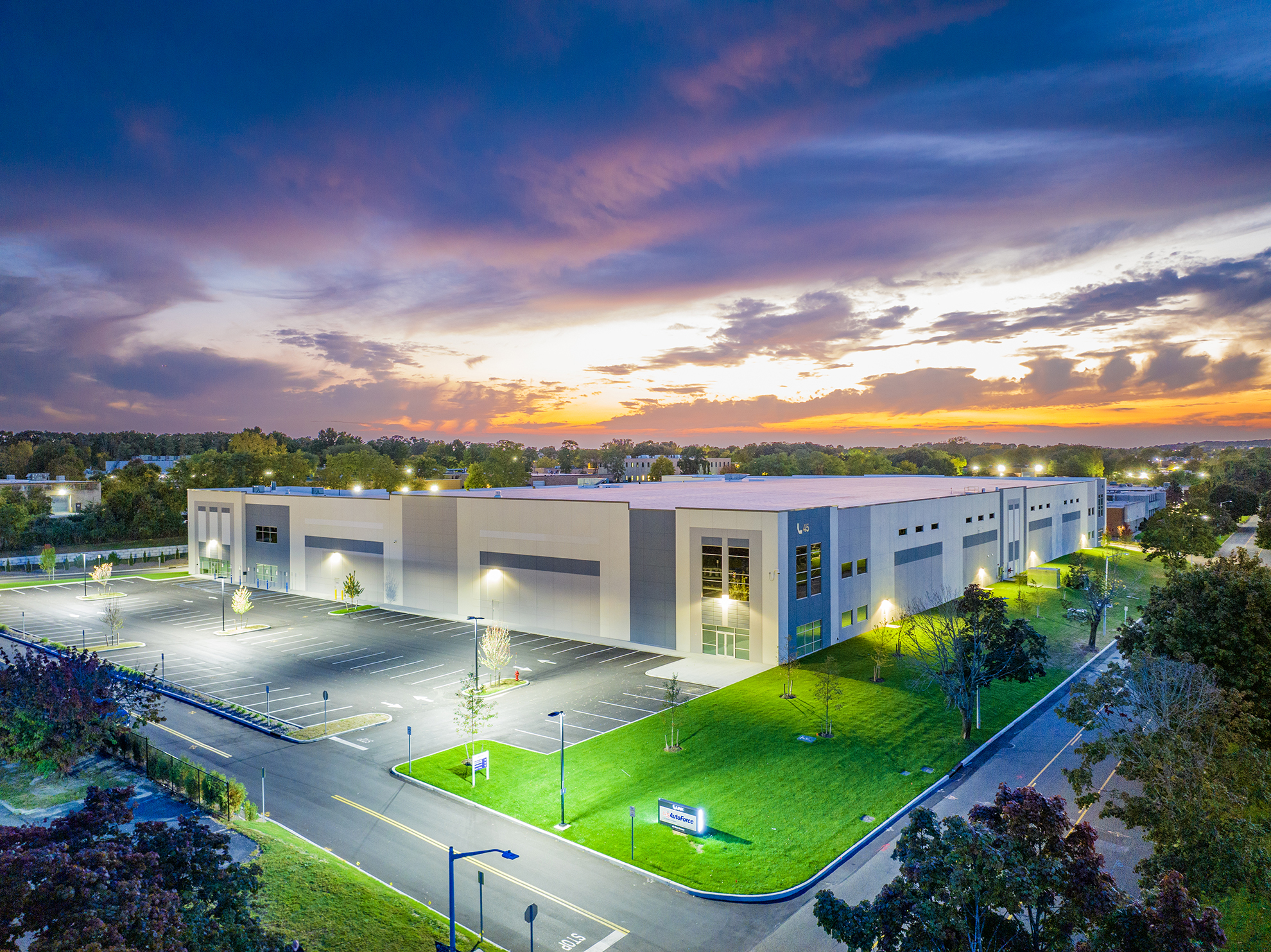 Drone photograph of LINK Logistics Building in Long Island, NY at Dusk