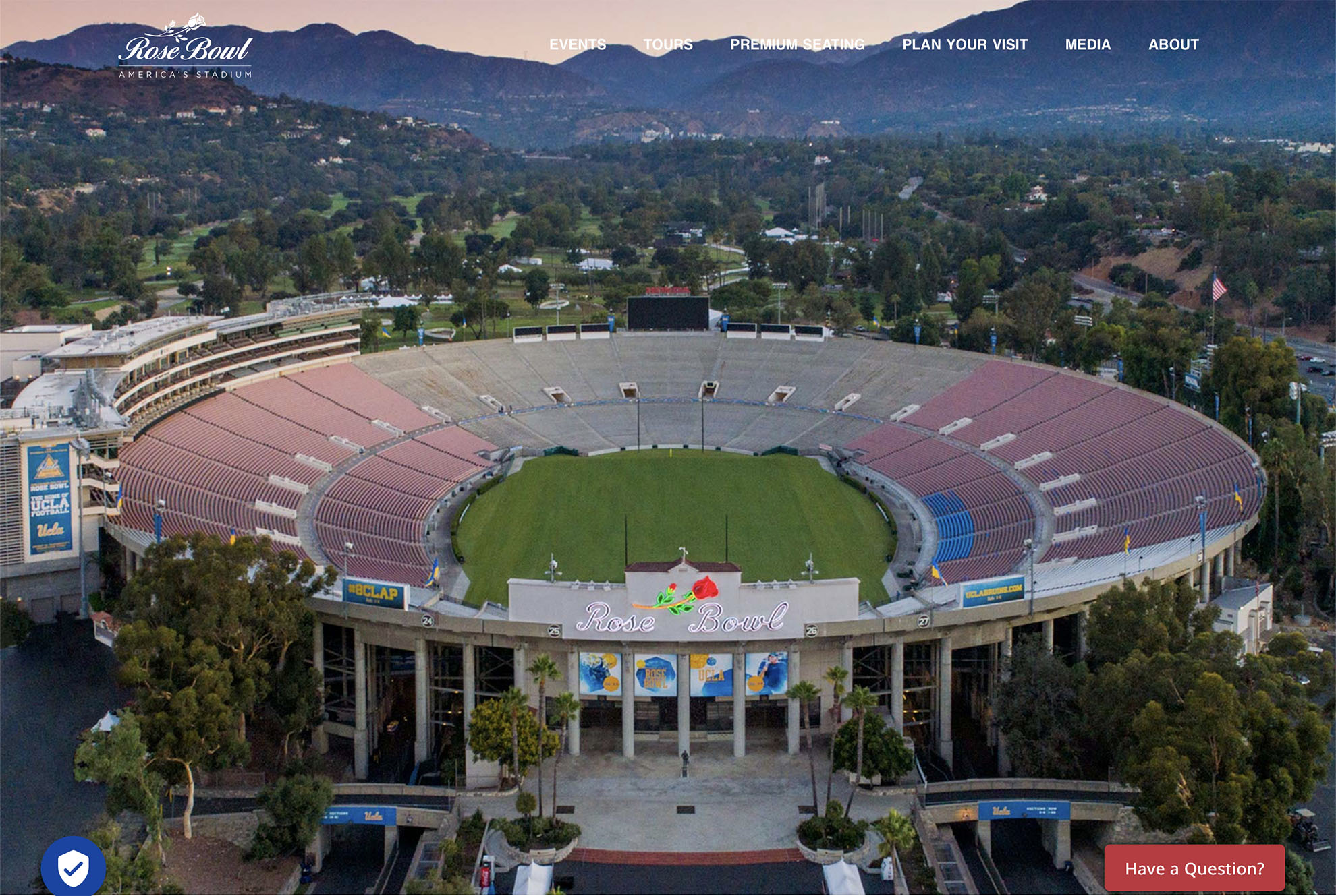 Drone photo of Rosebowl Stadium at dawn with a lavender sky on main page of Rosebowl stadium website