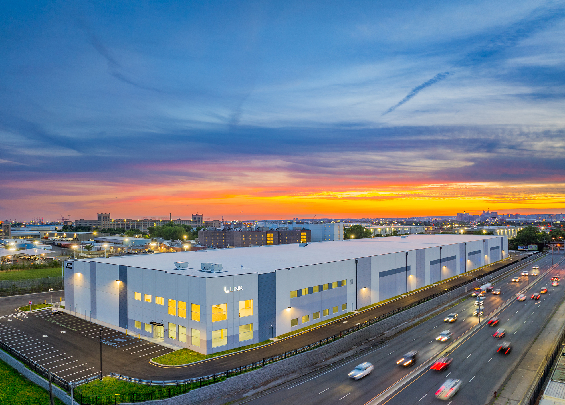 Drone photograph of LINK Logistics Building in Kearney, NJ at Dusk