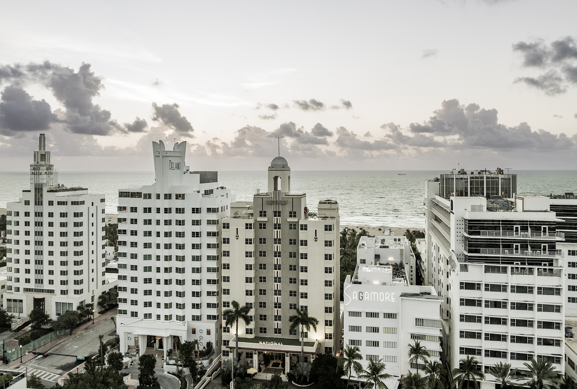 Drone Photograph of Art Deco Hotels in Miami Beach in Black and White