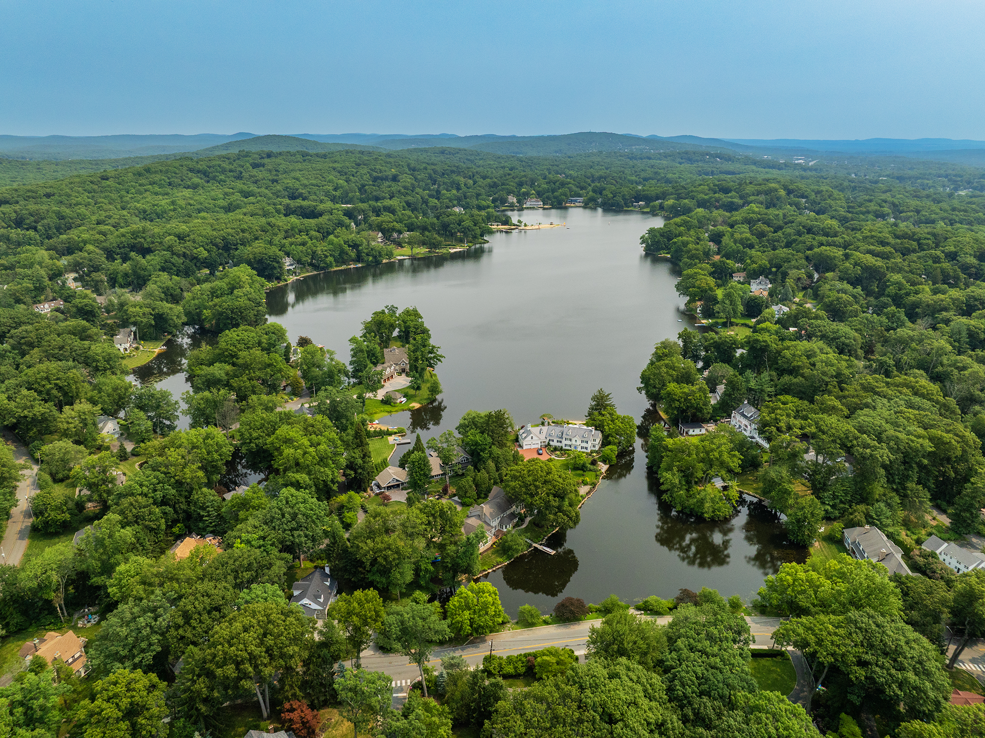 Drone photograph in summer of Mountain Lake New Jersey
