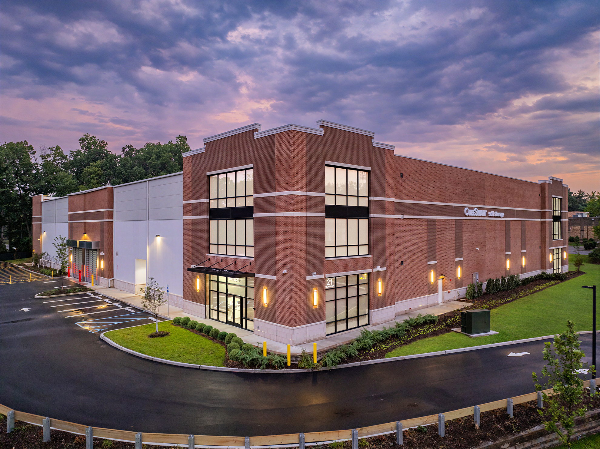 Drone photo at sunset of CubeSmart building in Montvale NJ