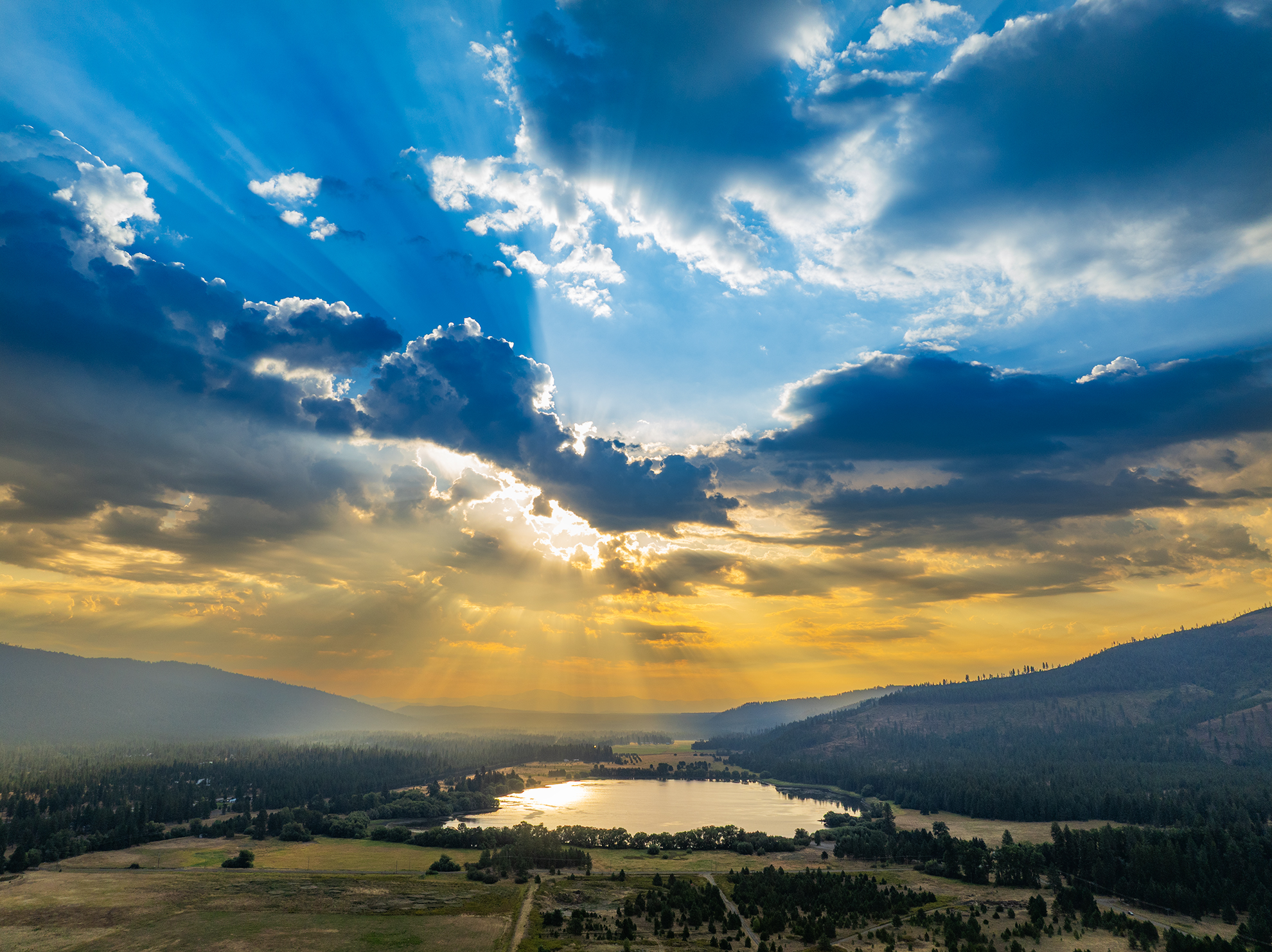 Drone Photograph of dramatic sunrise over Blanchard Lake Idaho